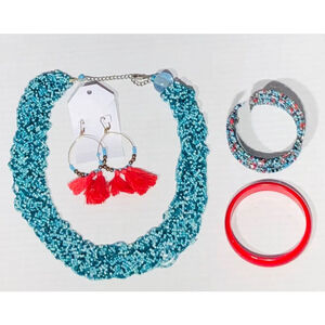 Vintage Teal Stone Beaded Statement Necklace Bracelet Earrings Set